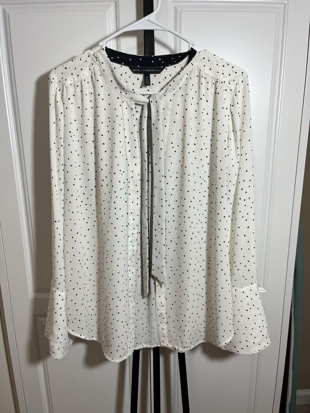 White House Black Market White Black Polka Dot Blouse Tie Neck 10 Bell Sleeve
